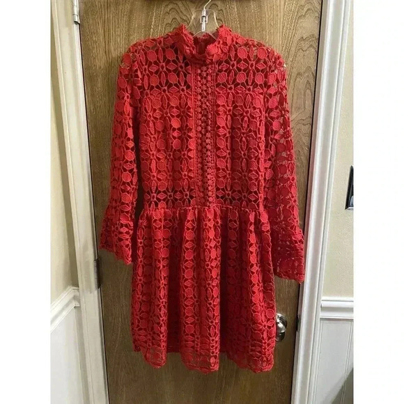 Eilly Bazar Red Women's Medium Lace Dress Lining Insert Mock Neck Flare Sleeve - Picture 1 of 12